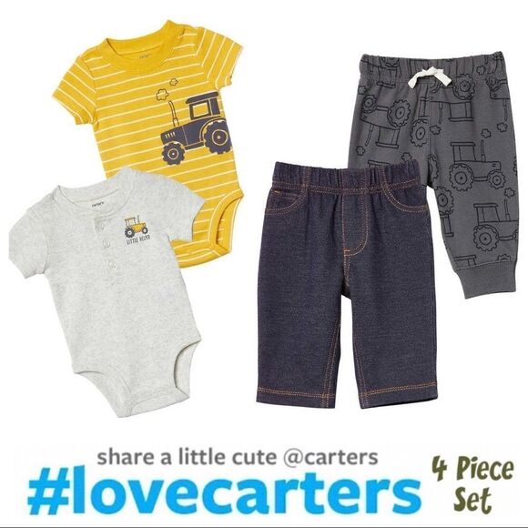 NEW! CARTER’S Kids Tractor 4-piece Set- 2 bodysuits, 1 Jogger and 1 Denim pant - Picture 1 of 8